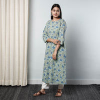 Green - - Sanganeri Block Printed Cotton A-Line Long Kurta