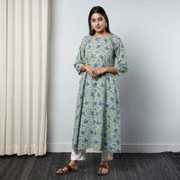 Green - - Sanganeri Block Printed Cotton A-Line Long Kurta