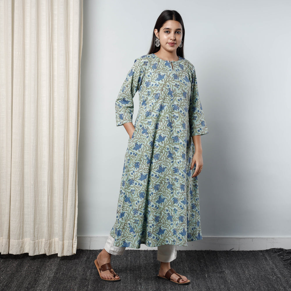 Green - - Sanganeri Block Printed Cotton A-Line Long Kurta