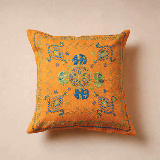 Orange - Bengal Kantha Embroidery Mulberry Silk Cushion Cover (16 x 16 in)