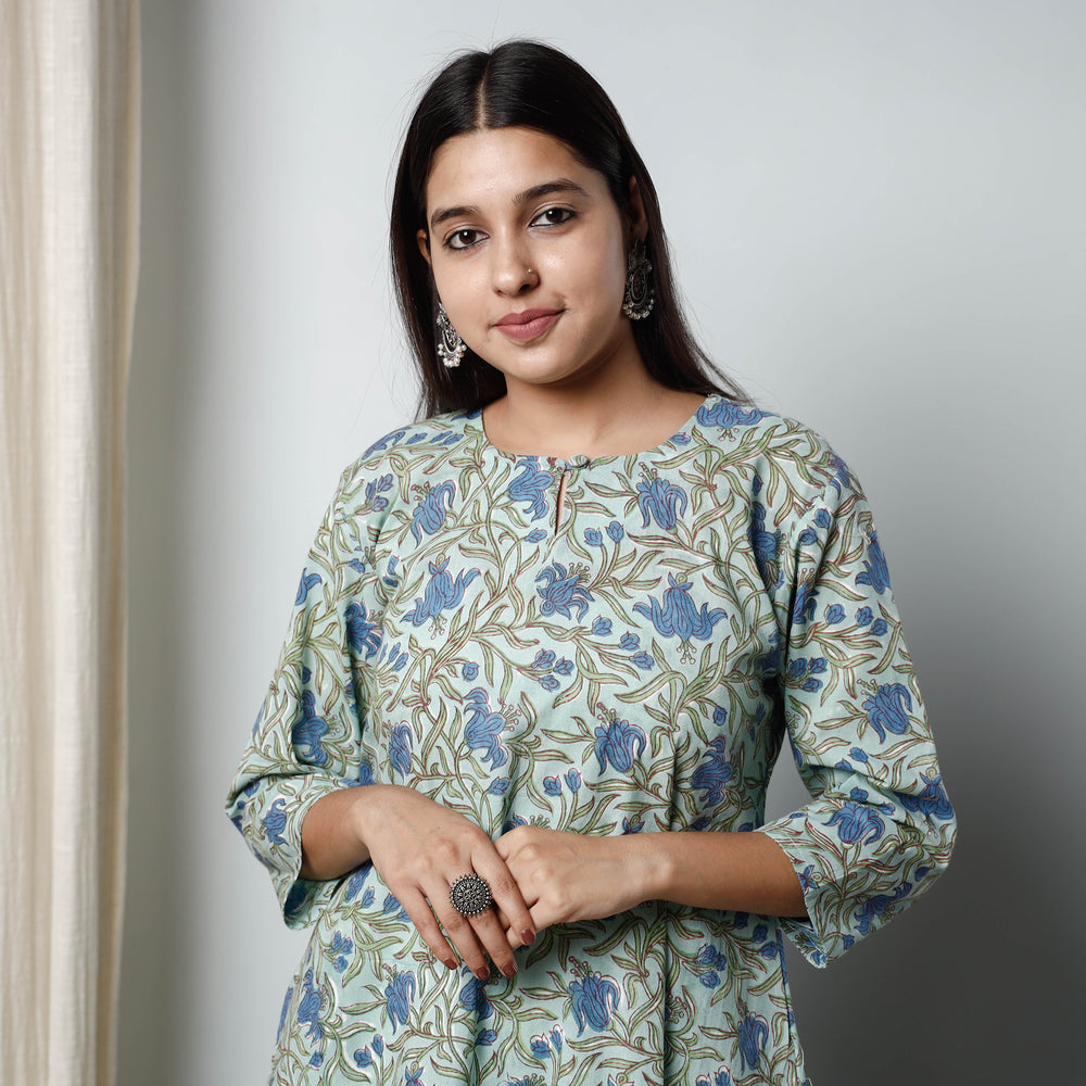 Green - - Sanganeri Block Printed Cotton A-Line Long Kurta