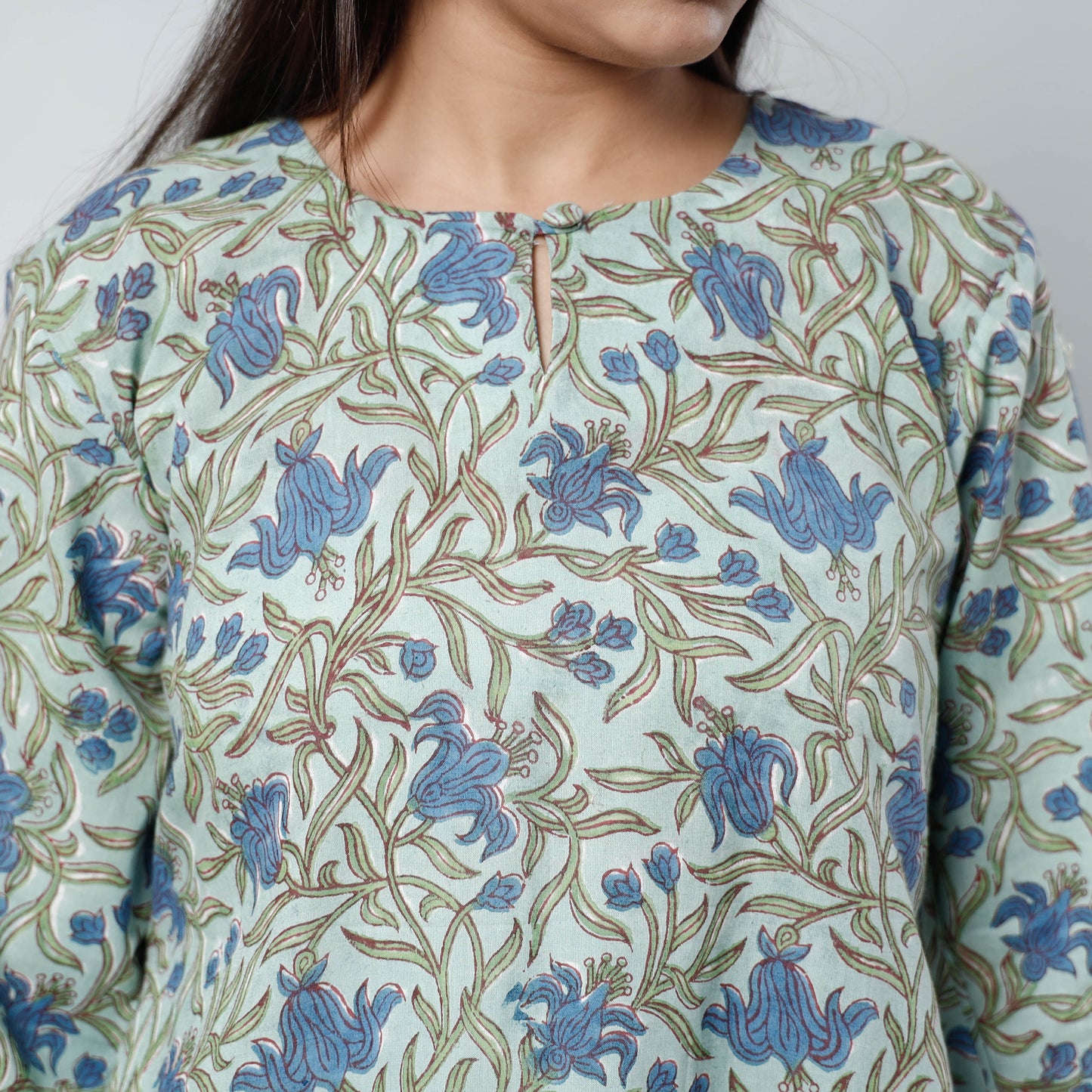 Green - - Sanganeri Block Printed Cotton A-Line Long Kurta