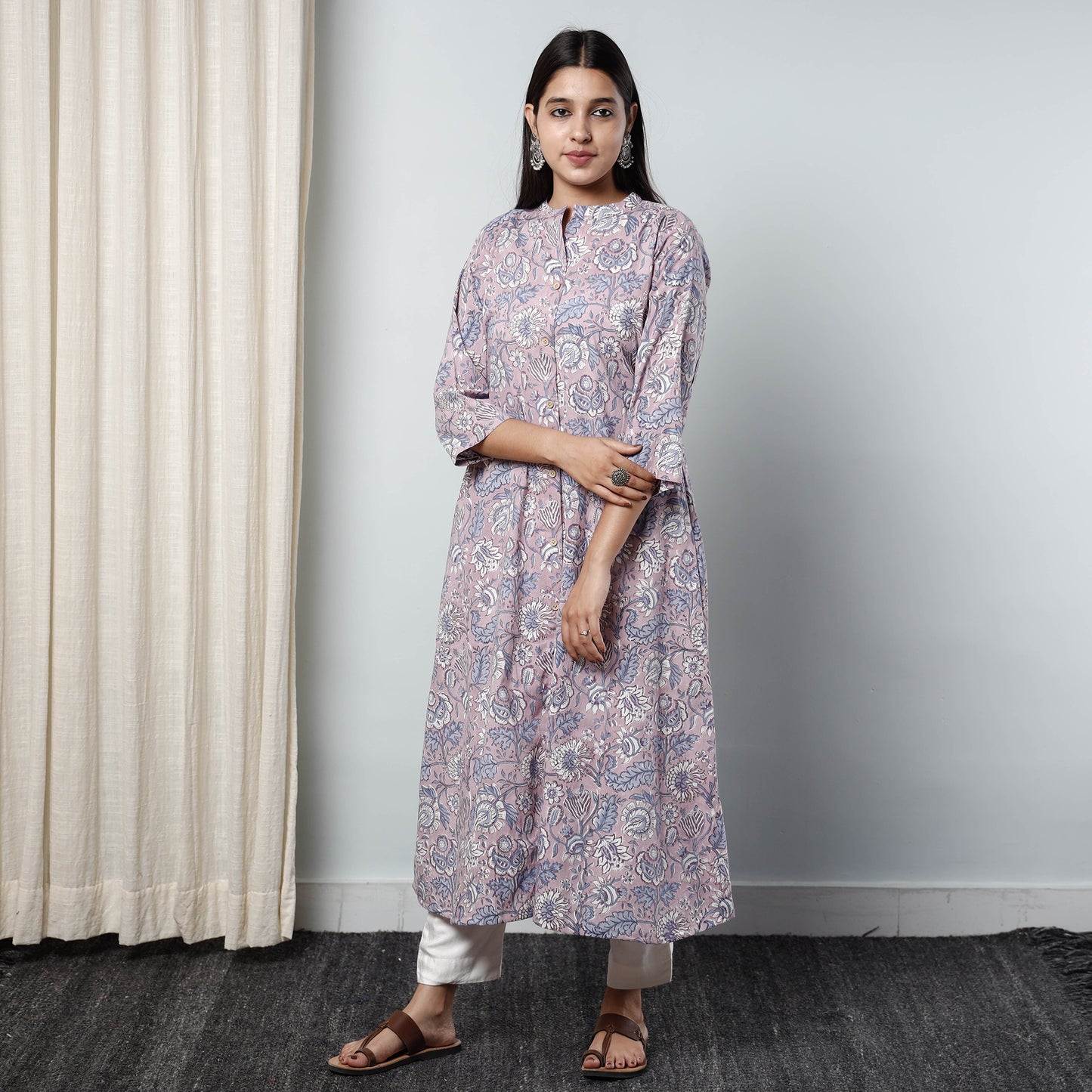 Purple - Sanganeri Block Printed Cotton Long Kurta