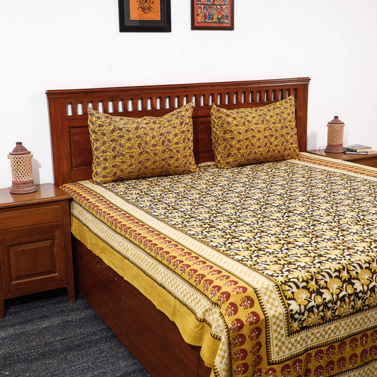 Yellow - Pipad Block Printed Cotton Double Bed Cover with Pillow Covers (108 x 90 in)