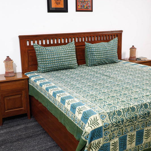 Green - Pipad Block Printed Cotton Double Bed Cover with Pillow Covers (108 x 90 in)
