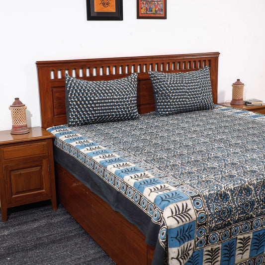 Blue - Pipad Block Printed Cotton Double Bed Cover with Pillow Covers (108 x 90 in)