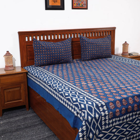 Blue - Pipad Block Printed Cotton Double Bed Cover with Pillow Covers (108 x 90 in)