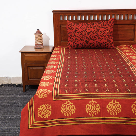 Red - Pipad Block Printed Cotton Single Bed Cover with Pillow Covers (90 x 60 in)