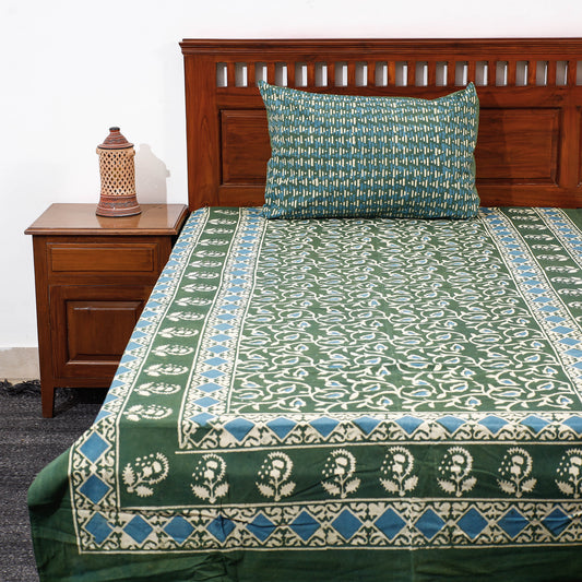 Green - Pipad Block Printed Cotton Single Bed Cover with Pillow Covers (90 x 60 in)