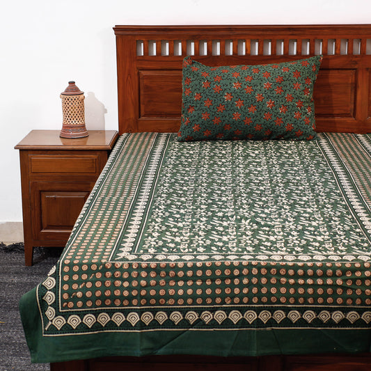 Green - Pipad Block Printed Cotton Single Bed Cover with Pillow Covers (90 x 60 in)