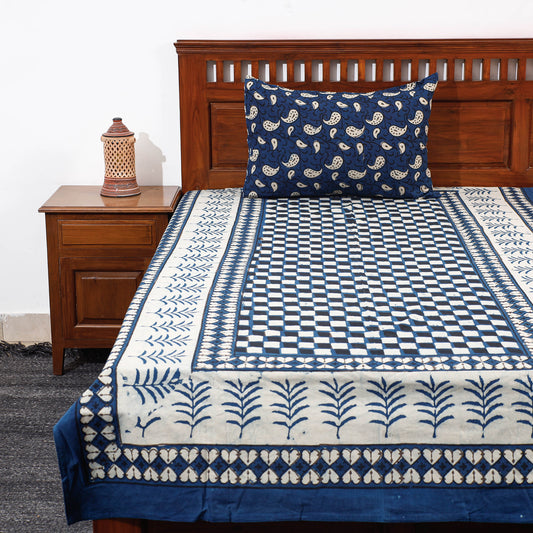 Blue - Pipad Block Printed Cotton Single Bed Cover with Pillow Covers (90 x 60 in)