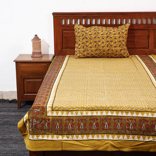 Yellow - Pipad Block Printed Cotton Single Bed Cover with Pillow Covers (90 x 60 in)