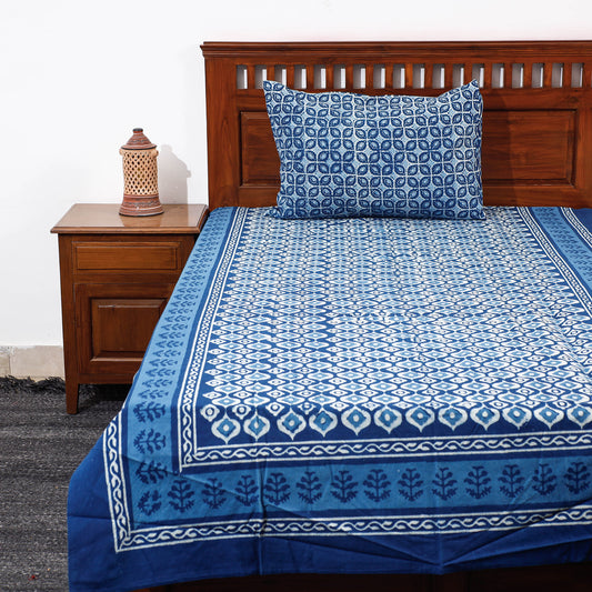 Blue - Pipad Block Printed Cotton Single Bed Cover with Pillow Covers (90 x 60 in)
