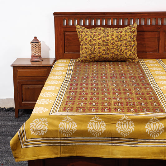 Yellow - Pipad Block Printed Cotton Single Bed Cover with Pillow Covers (90 x 60 in)