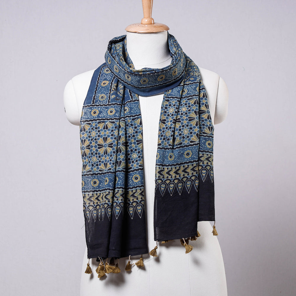 Blue - Ajrakh Block Printed Mul Cotton Stole with Tassels