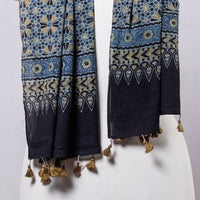 Blue - Ajrakh Block Printed Mul Cotton Stole with Tassels