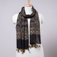 Black - Ajrakh Block Printed Mul Cotton Stole with Tassels