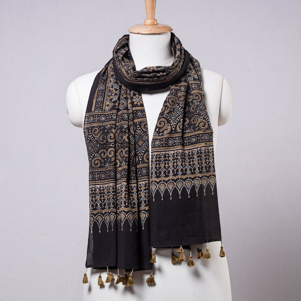 Black - Ajrakh Block Printed Mul Cotton Stole with Tassels