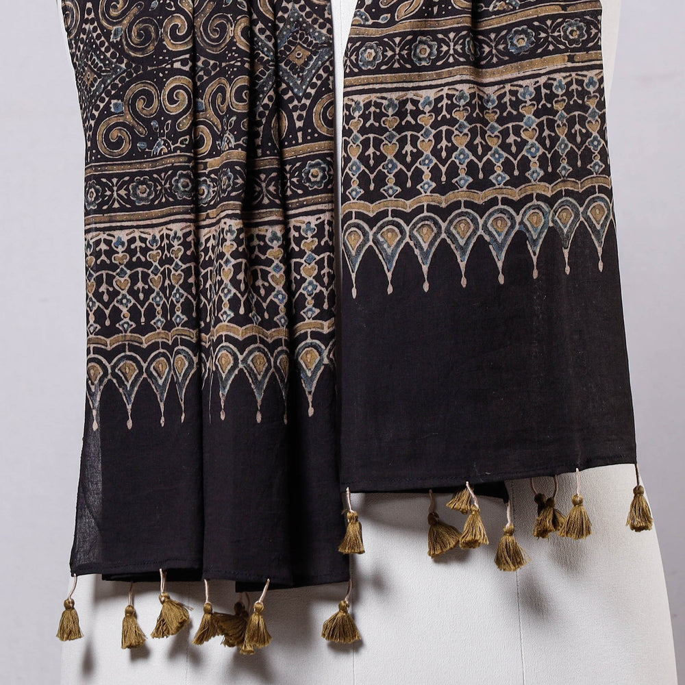 Black - Ajrakh Block Printed Mul Cotton Stole with Tassels