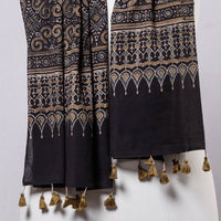 Black - Ajrakh Block Printed Mul Cotton Stole with Tassels