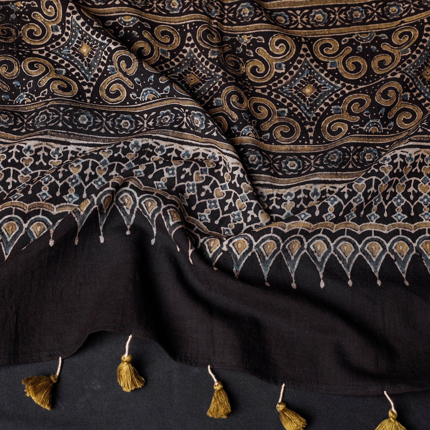 Black - Ajrakh Block Printed Mul Cotton Stole with Tassels