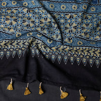 Blue - Ajrakh Block Printed Mul Cotton Stole with Tassels