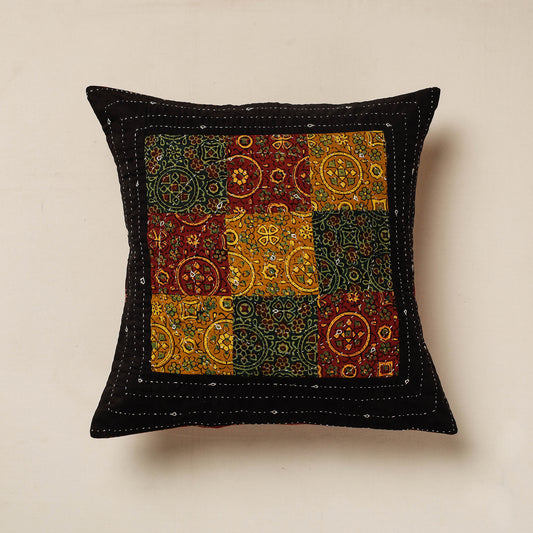 Black - Kutch Embroidered Ajrakh Cotton Cushion Cover (16 x 16 in)