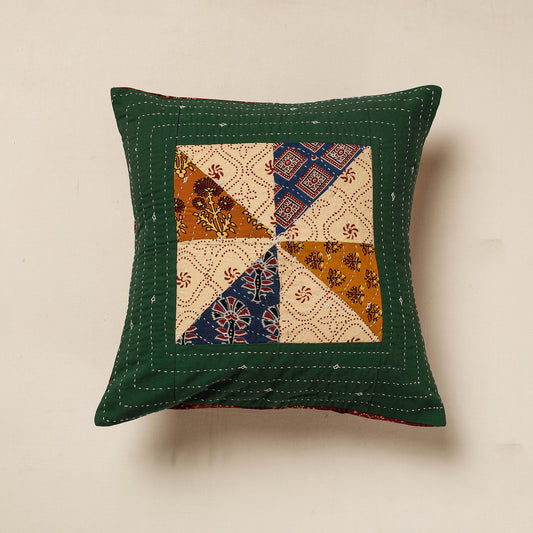 Green - Kutch Embroidered Ajrakh Cotton Cushion Cover (16 x 16 in)