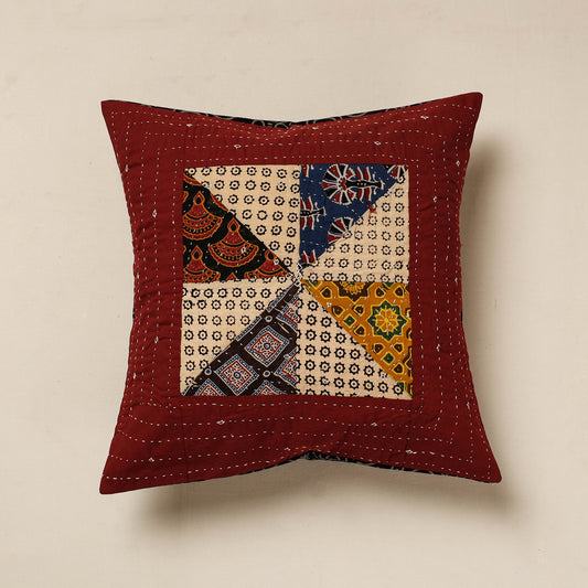 Maroon - Kutch Embroidered Ajrakh Cotton Cushion Cover (16 x 16 in)