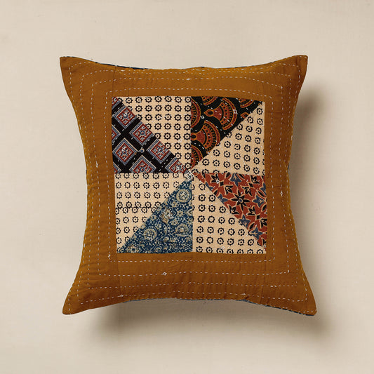 Brown - Kutch Embroidered Ajrakh Cotton Cushion Cover (16 x 16 in)