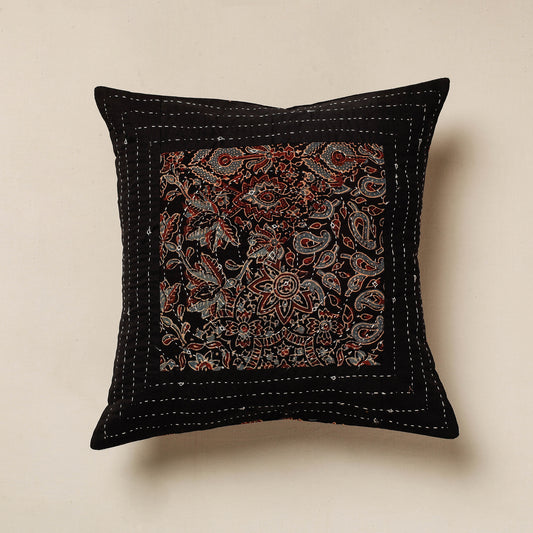 Black - Kutch Embroidered Ajrakh Cotton Cushion Cover (16 x 16 in)