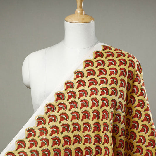 Yellow And Orange Mushroom Motif Sanganeri Block Printed Cotton Fabric