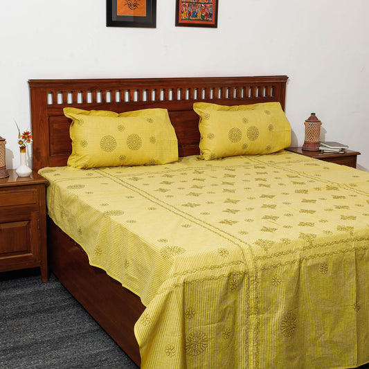 Yellow - Chikankari Hand Embroidery Cotton Double Bedcover with Pillow Covers (102 x 85 in)