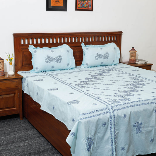Blue - Chikankari Hand Embroidery Cotton Double Bedcover with Pillow Covers (102 x 84 in)