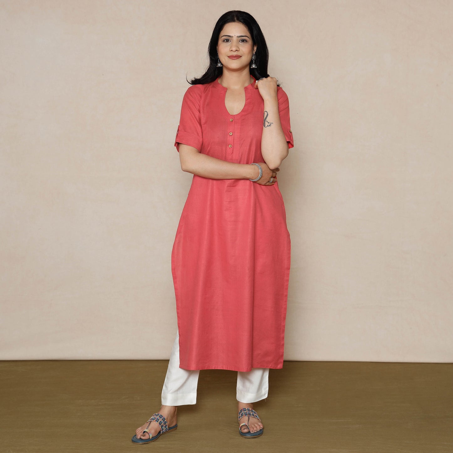 Rayon Dark Pink - Linen Viscose Plain Long Straight Kurta