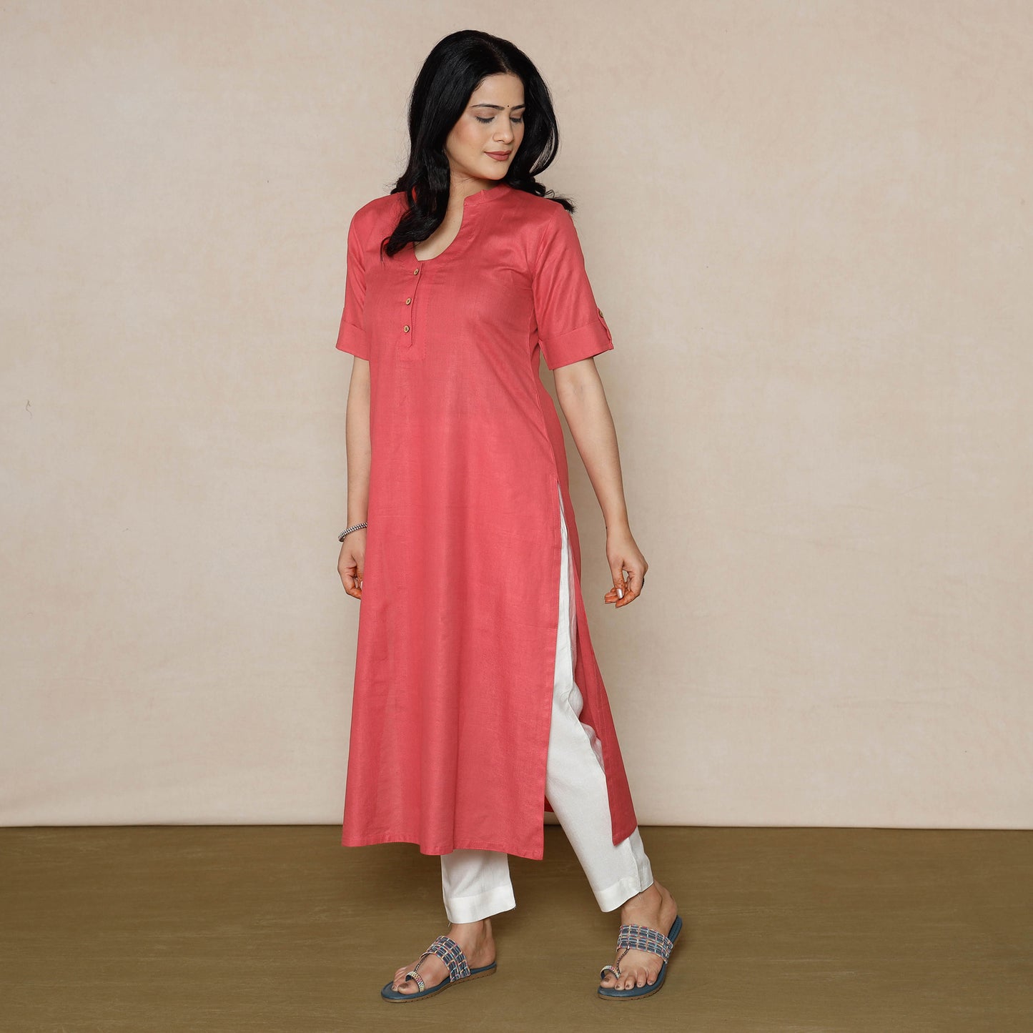 Rayon Dark Pink - Linen Viscose Plain Long Straight Kurta