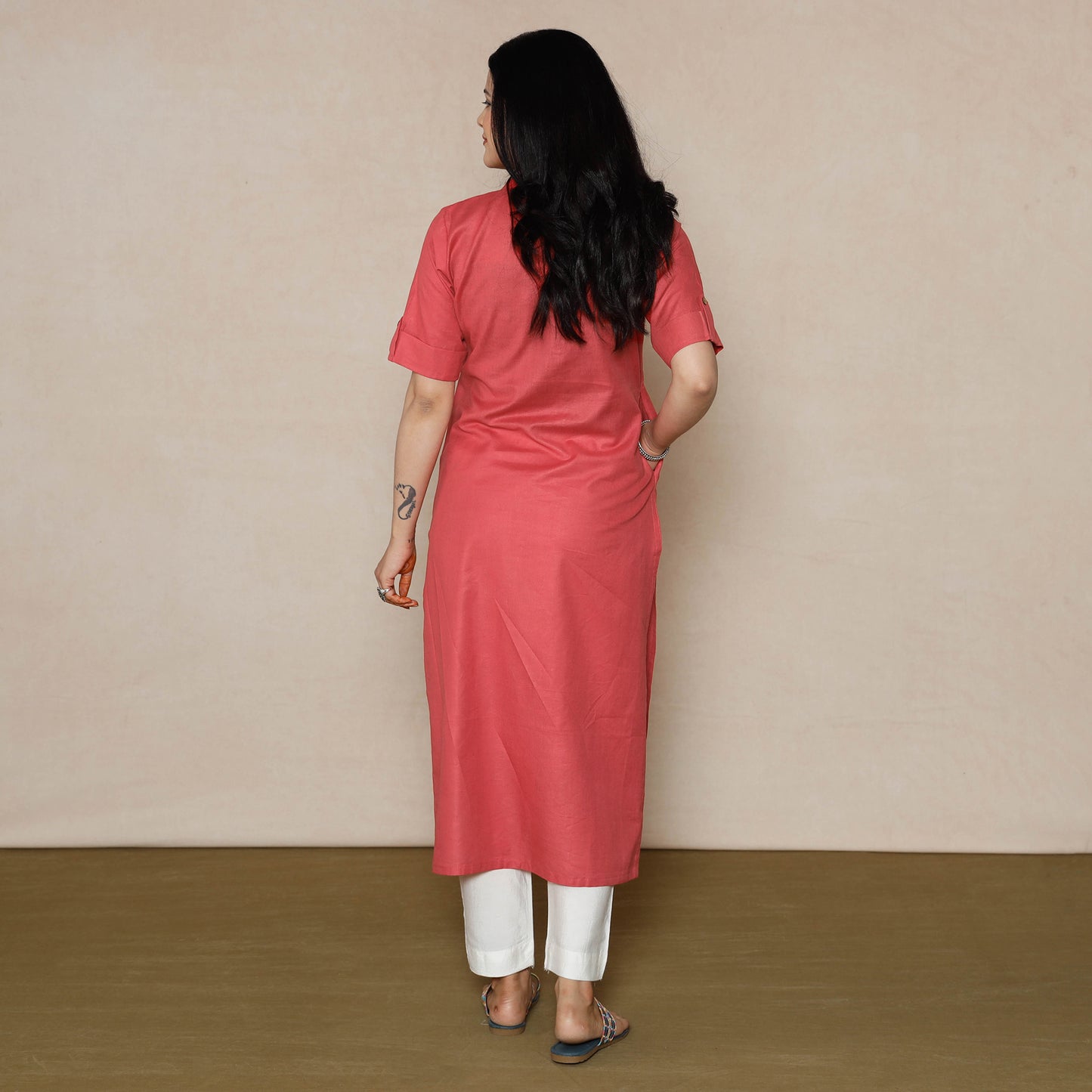 Rayon Dark Pink - Linen Viscose Plain Long Straight Kurta