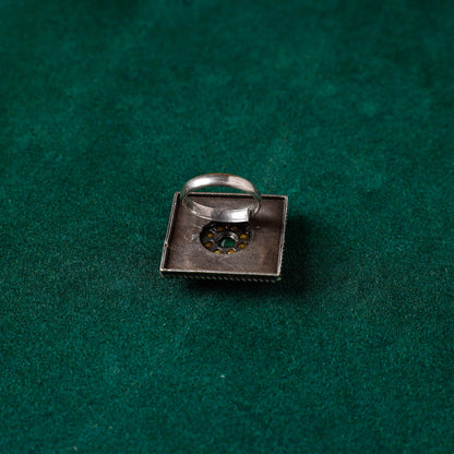 Antique Silver Finish Oxidised Brass Base Stone Work Ring (Adjustable)