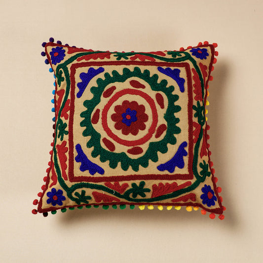 Beige - Suzani Embroidery Cotton Cushion Cover (16 x 16 in)