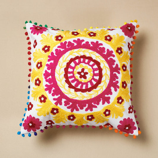 Yellow - Suzani Embroidery Cotton Cushion Cover (16 x 16 in)