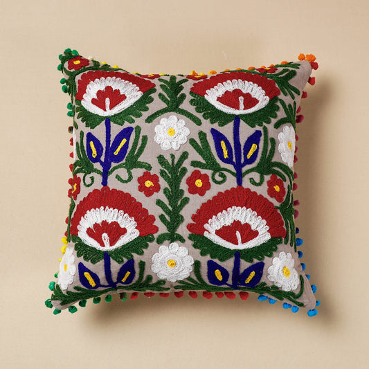 Grey - Suzani Embroidery Cotton Cushion Cover (16 x 16 in)