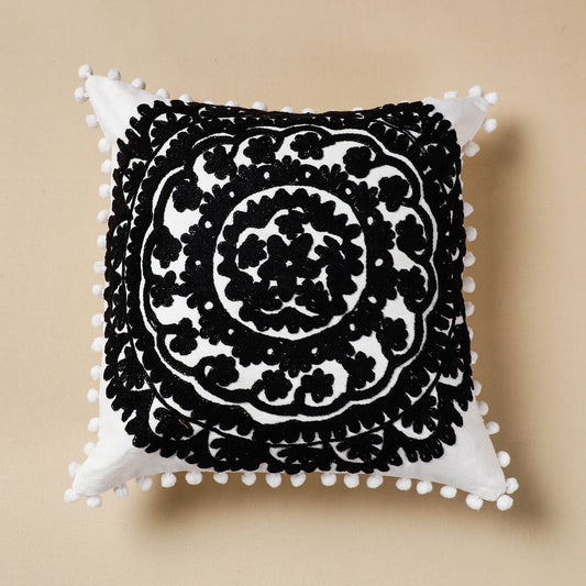 Black - Suzani Embroidery Cotton Cushion Cover (16 x 16 in)