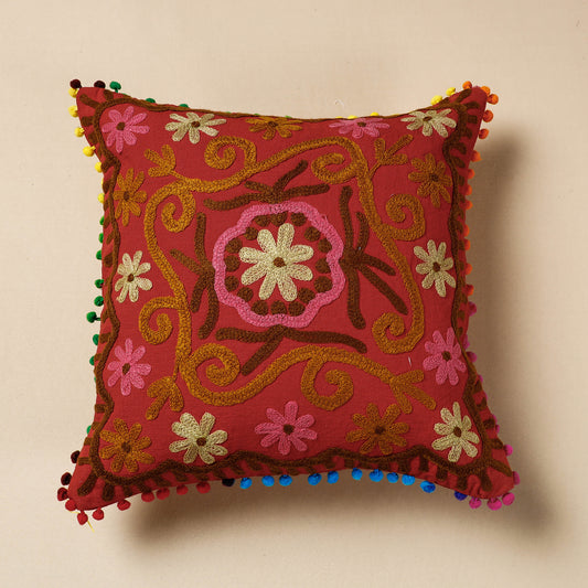 Brown - Suzani  Embroidery Cotton Cushion Cover (16 x 16 in)