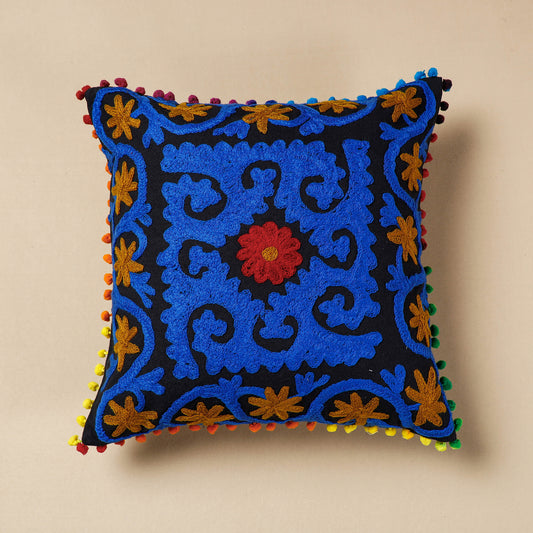 Blue - Suzani  Embroidery Cotton Cushion Cover (16 x 16 in)