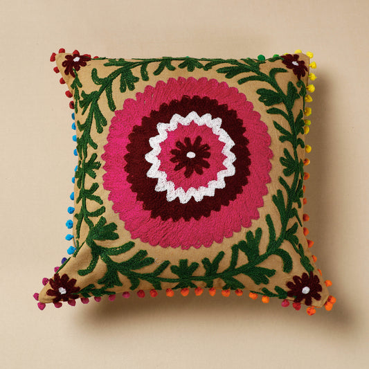Beige - Suzani  Embroidery Cotton Cushion Cover (16 x 16 in)