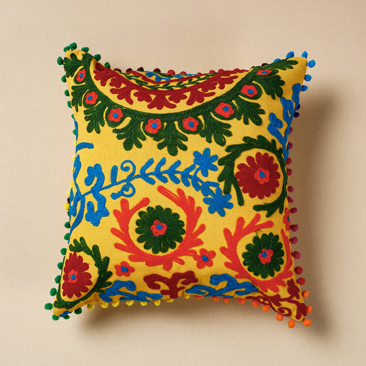 Yellow - Suzani  Embroidery Cotton Cushion Cover (16 x 16 in)
