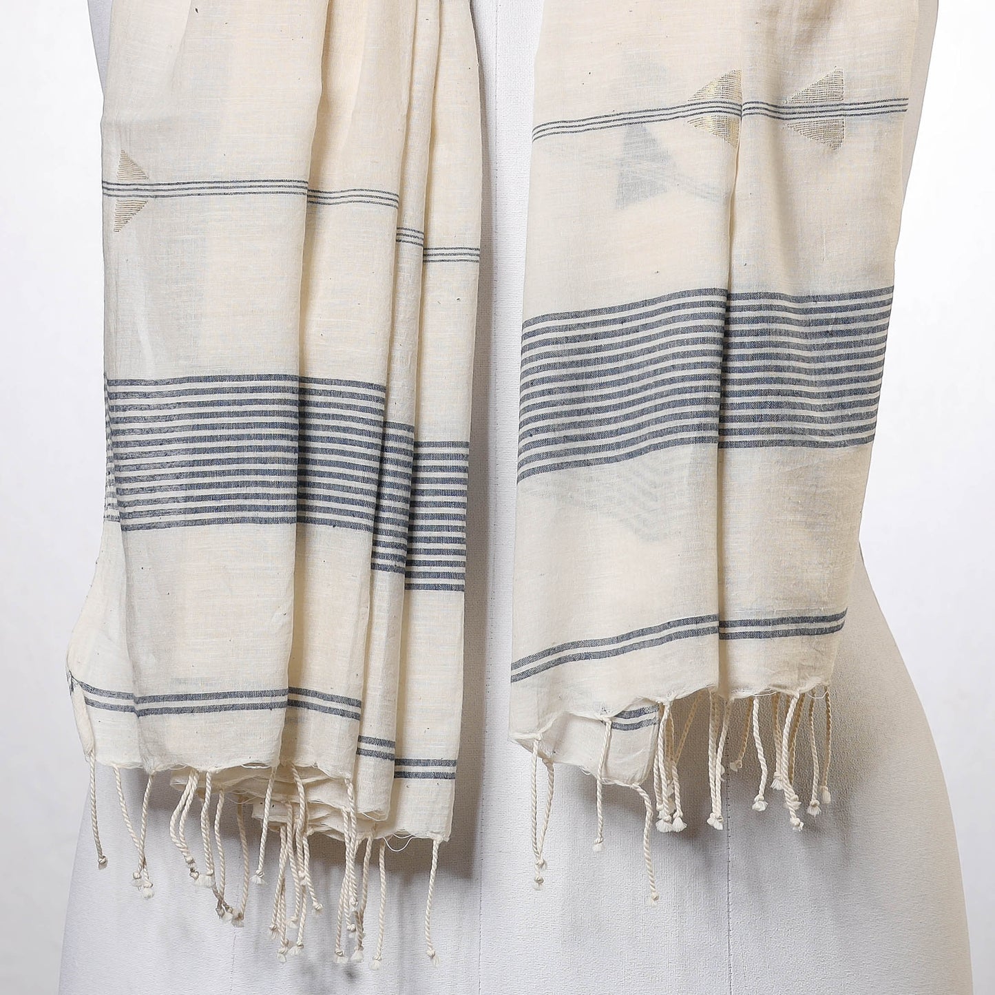 Beige - Phulia Jamdani Handloom Cotton Stole with Tassels
