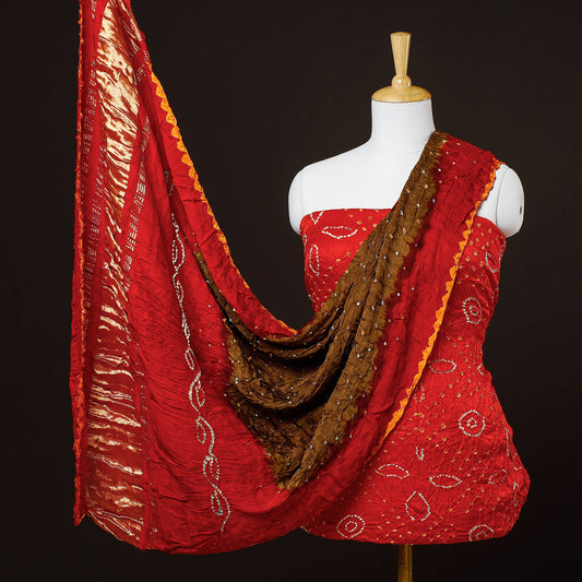 Red - 3pc Kutch Bandhani Modal Silk Lagdi Patta Suit Material Set