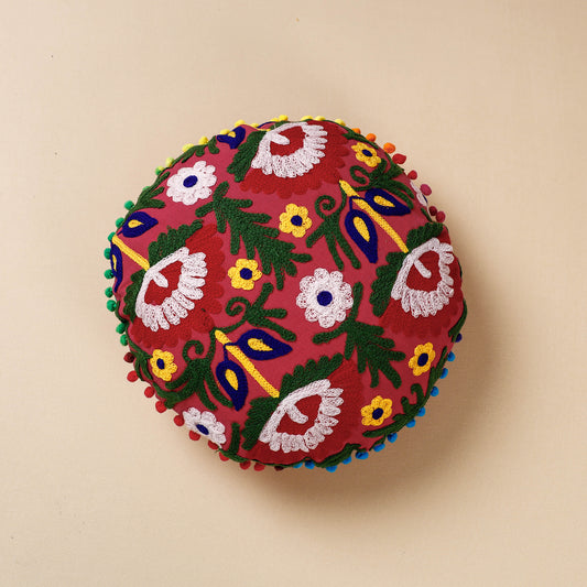 Red - Suzani Hand Embroidery Cotton Cushion Cover (16 x 16 in)