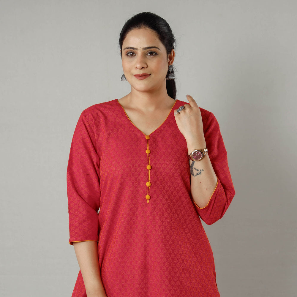 Red - Jacquard Cotton Long Straight Kurta